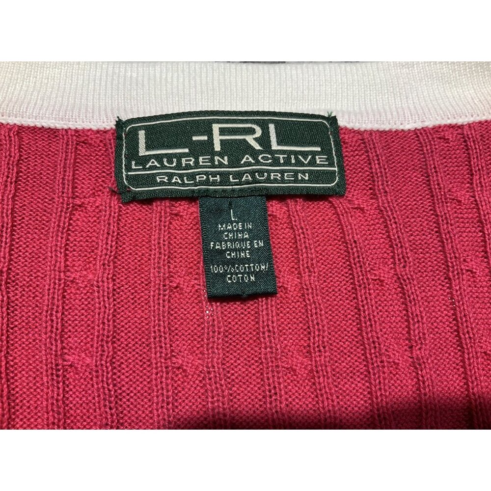 Ralph Lauren Active L-RL Cardigan Large Womens Pink Black Snaps Up White Trim - Picture 6 of 8